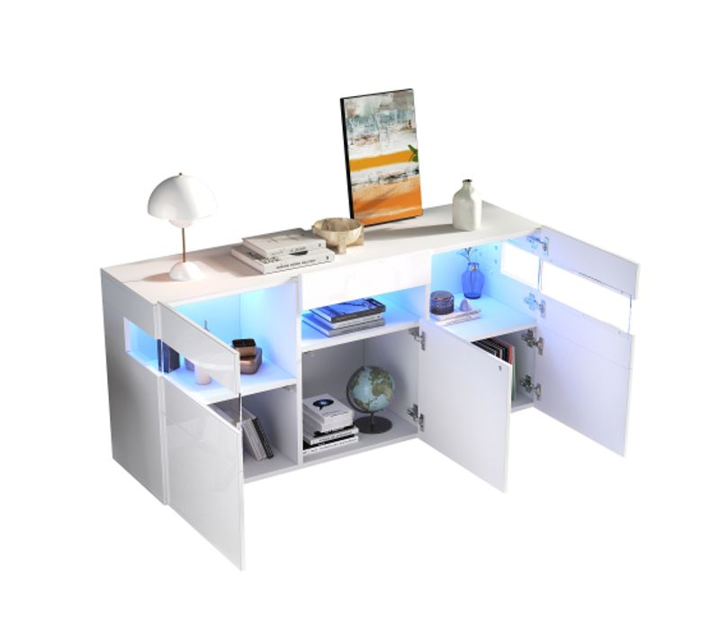Buffet 140 X 40,5 X 66,5 Cm – 3 Portes, LED Pilotable, Blanc Laqué
