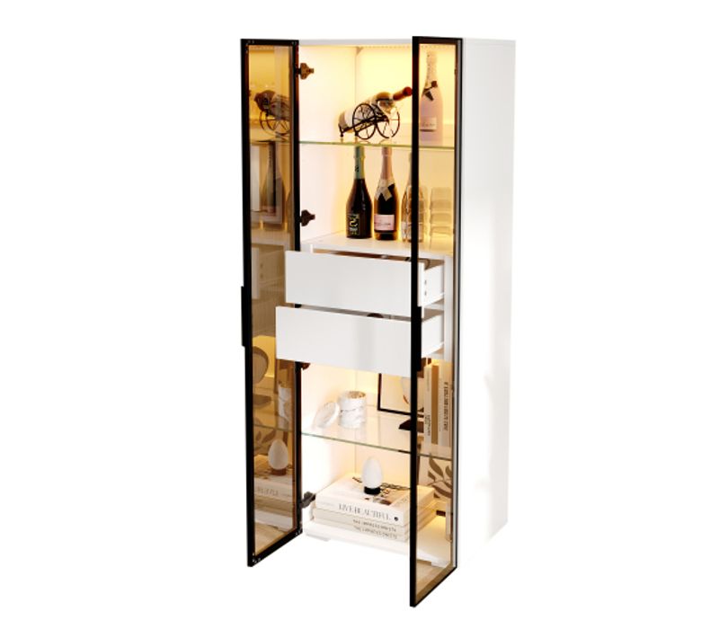 Vitrine Blanche 60x40x160 Cm, Avec LED, Portes Verre Trempé, 2 Tiroirs