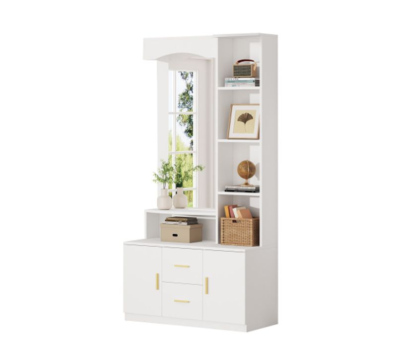 Vestiaire D’entrée Avec Miroir, 2 Tiroirs, 2 Armoires, Étagères Et Rangement à Chaussures, Blanc