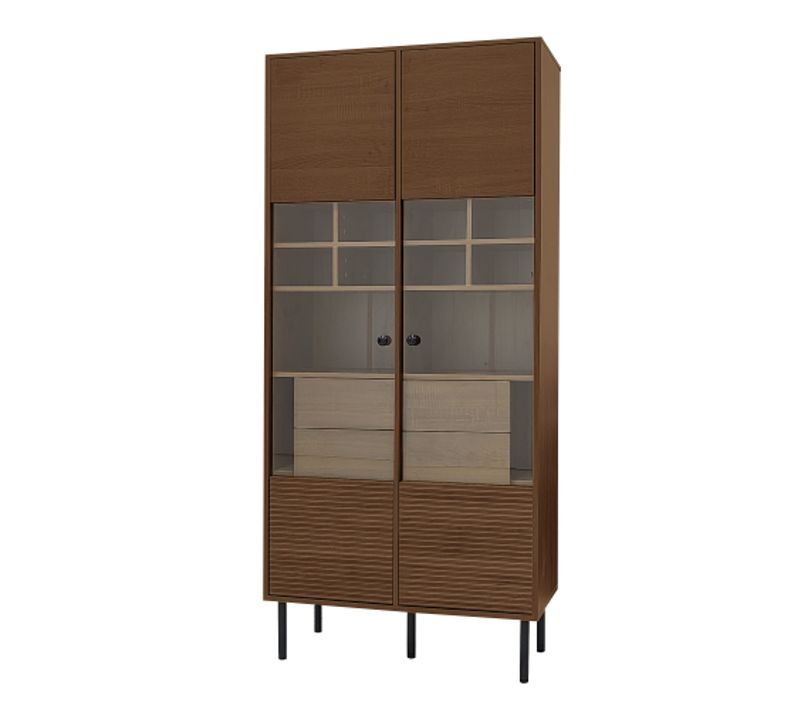 Vitrine Haute Polyvalente En Imitation Noyer Avec Vitrine En Verre Et Tiroir Caché