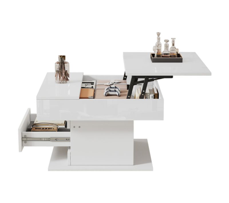 Table Basse Relevable Carrée Blanche 70x70x45 Cm Avec 1 Tiroir