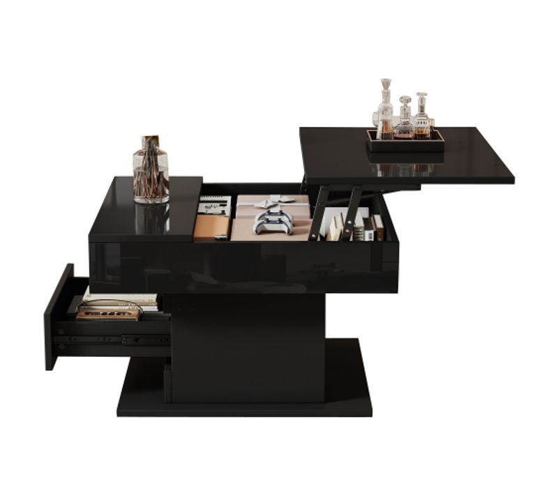 Table Basse Relevable 360° Carrée Noire 70x70x45 Cm Avec 1 Tiroir Et Rangement Caché