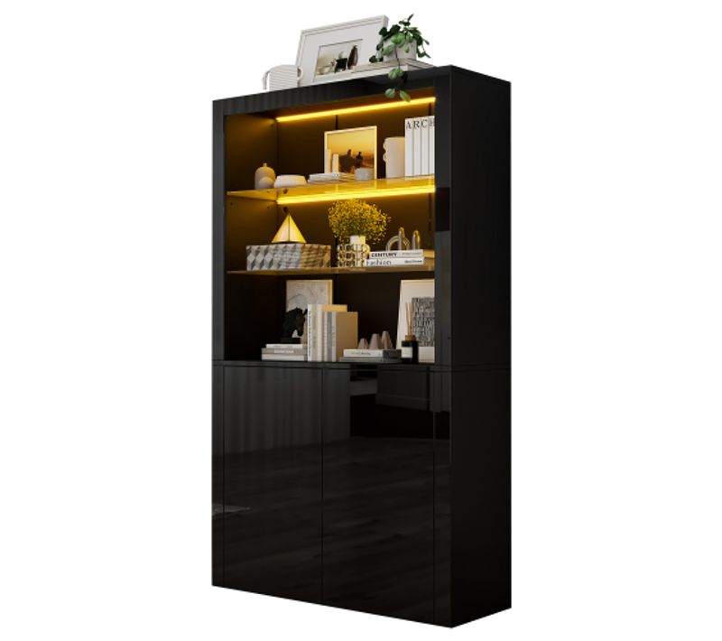 Vitrine Noire Haute Brillance 100 X 35 X 170 Cm Avec LED, 2 Étagères En Verre