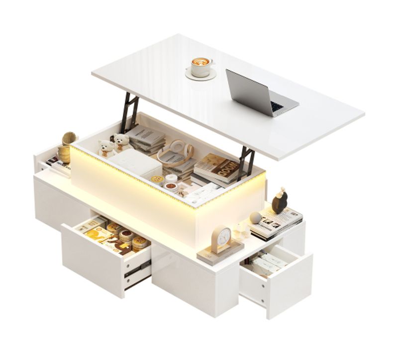 Table Basse Relevable Blanche Haut Brillant 100x50x40 Cm, LED Et 4 Tiroirs