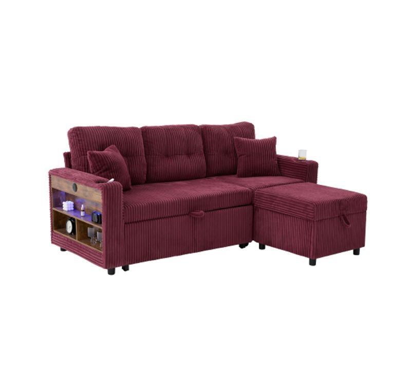 Canapé Convertible En Velours Côtelé Bordeaux Avec Rangement, Éclairage LED Et Port USB Type C
