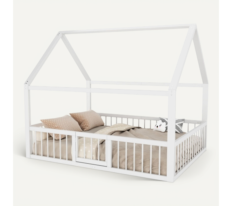 Lit Cabane Enfant 140x200 Cm Avec Barrières, En Métal, Blanc