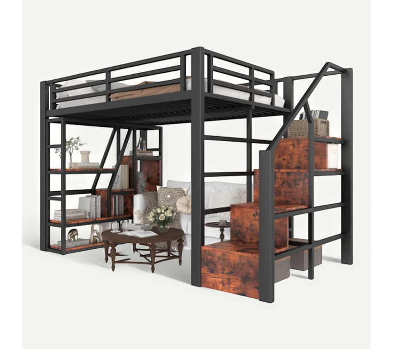 Lit Mezzanine 140x200 Cm En Métal, Étagères Intégrées Et LED, Noir