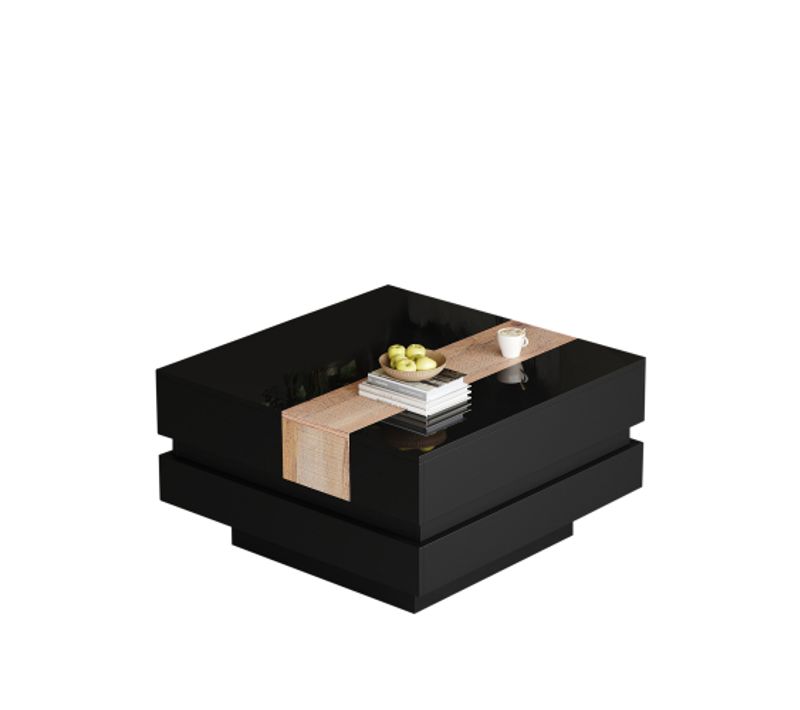 Table Basse Carrée Noire 70x70x39 Cm, Plateau Coulissant Et Rangement Caché Haut Brillant