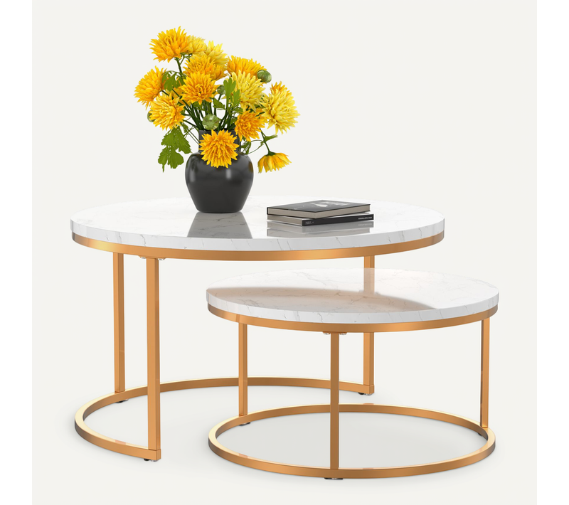 Lot De 2 Tables Basses Gigognes Rondes – Cadre En Métal Doré Et Plateau Effet Marbre Blanc