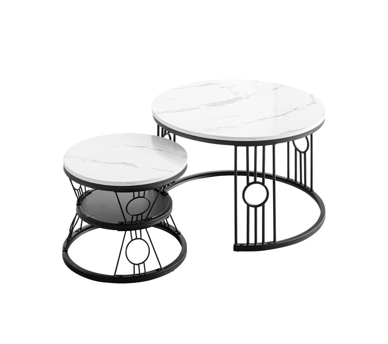 Table Basse Gigogne Ronde, Lot De 2, Table Basse Gigogne Blanche, Pieds En Métal Noir