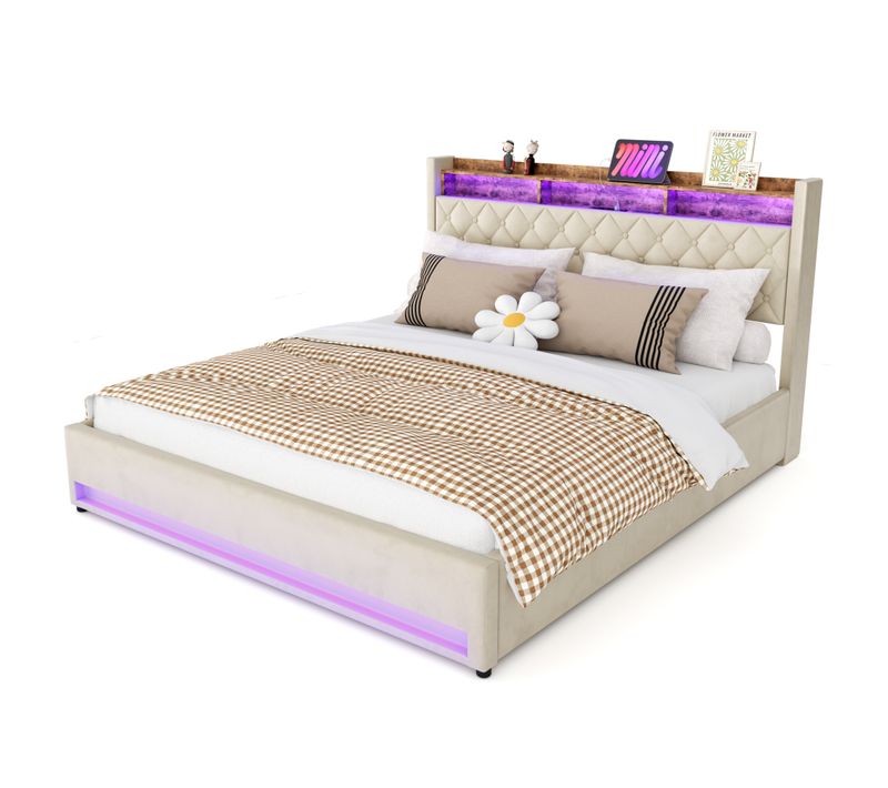 Lit Coffre 180x200 Cm Tête De Lit Avec 2 Prises Électriques Et USB, LED, En Velours Beige