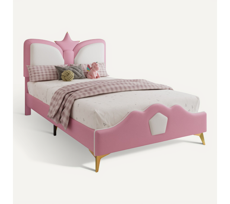 Lit Enfant 90x200 Cm Avec Tête De Lit Couronne Et Lattes, En Pu, Rose Et Blanc