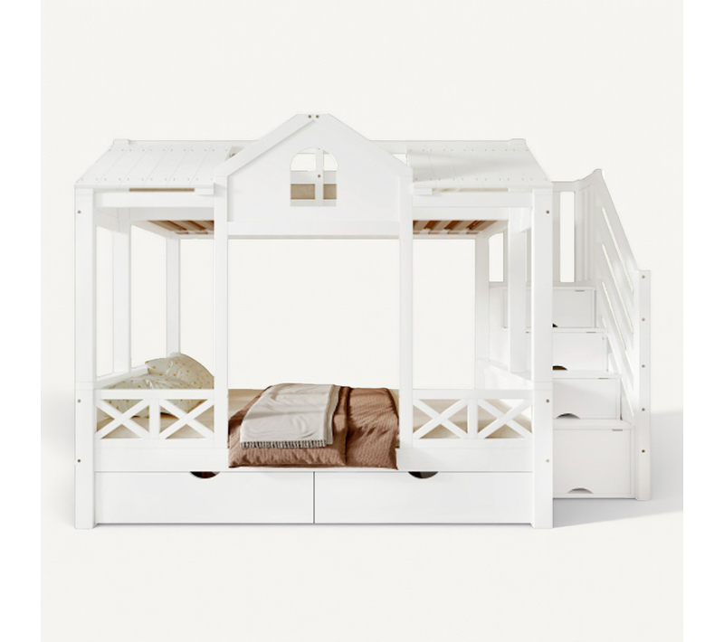 Lit Superposé 90x200 Cm Et 140x200 Cm Avec 2 Tiroirs Et Escalier De Rangement, En Bois, Blanc