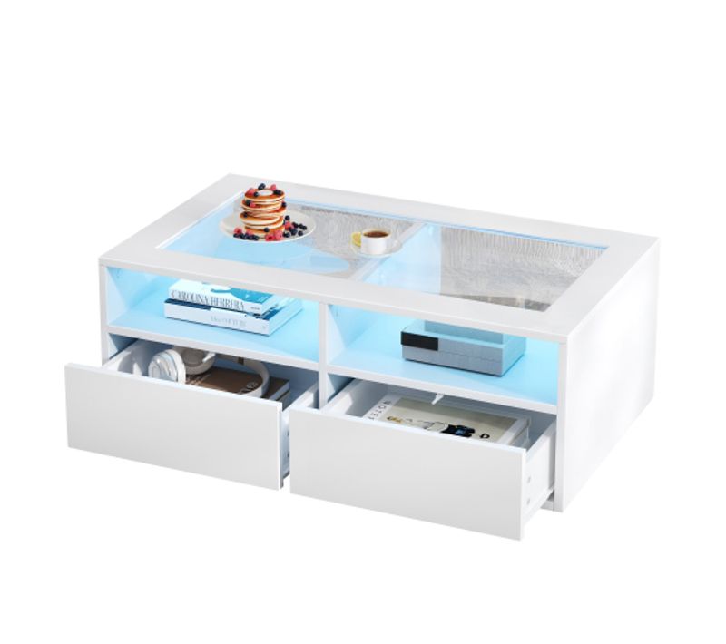 Table Basse Rectangulaire Blanche 100x50x35 Cm Avec LED Intégrée, 2 Tiroirs Et Rangement