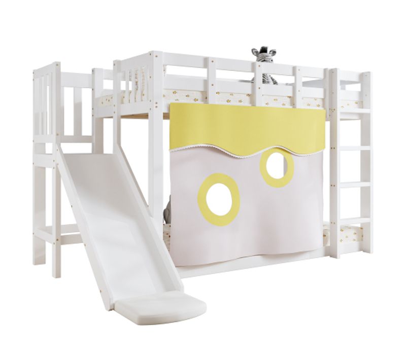 Lit Superposé 90x200 Cm Avec Toboggan Et Escalier, Rideau De Lit, En Bois, Blanc