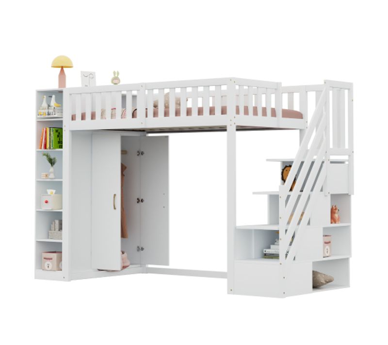 Lit Mezzanine Enfant 90x200 Cm, Avec Armoire Et Rangements, En Bois, Blanc