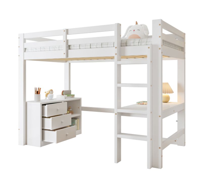 Lit Mezzanine 90x200 Cm Avec Bureau Et 3 Tiroirs De Rangements, En Bois, Blanc