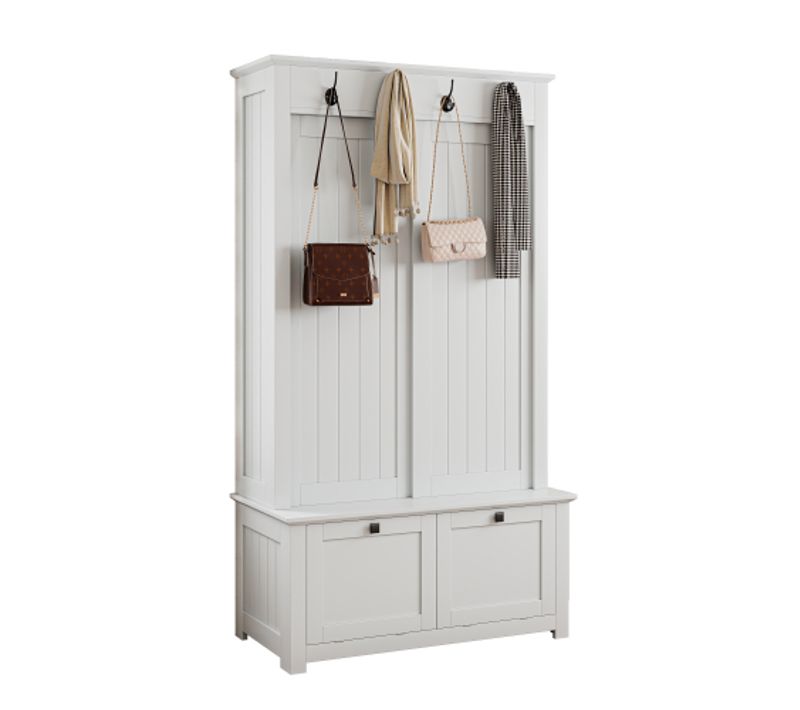 Vestiaire D’entrée Avec 2 Portes Coulissantes, Étagères à Chaussures Inclinées Et Crochets, Blanc