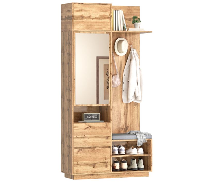 Vestiaire D’entrée Avec Miroir, Crochets, Étagères à Chaussures, Tiroirs Et Assise, Naturel