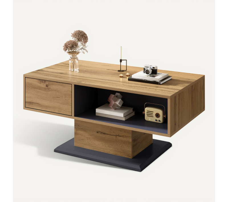 Table Basse Gris Et Bois 100 X 50 X 46.5 Cm Avec Double Rangement Et Compartiment Intérieur