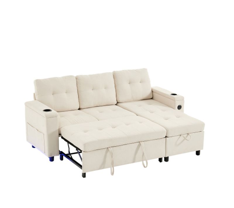 Canapé D'angle Convertible 208 Cm Beige Avec Rangement Et Bande LED