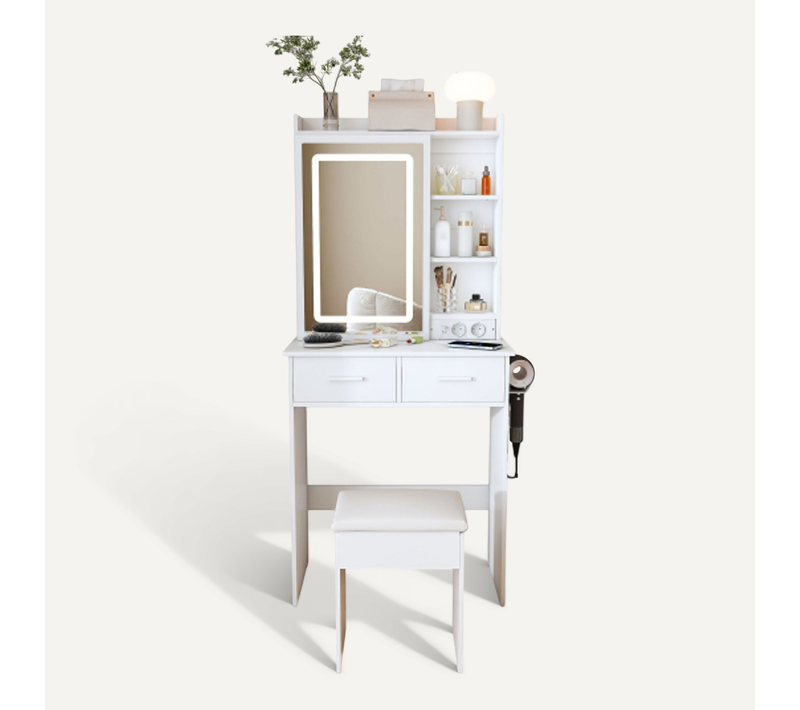 Petite Coiffeuse Blanche Avec Miroir, Tabouret, LED Réglable Et Prise, Pour Petite Chambre