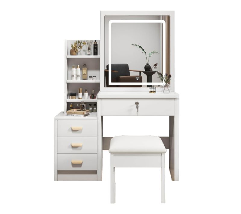 Coiffeuse Blanche Avec Miroir De Maquillage Avec Éclairage Et Tabouret, 4 Tiroirs, 85x36x130 Cm