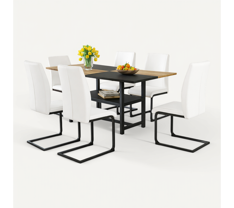 Ensemble Table Et Chaises, Table à Manger Avec Pieds Métal Et Plateau Bois Et 6 Chaises En Pu Blanc