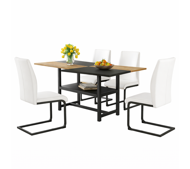 Ensemble Table Et Chaises, Table à Manger 160x90x76 Cm Avec Pieds Métal Et 4 Chaises En Pu Blanc