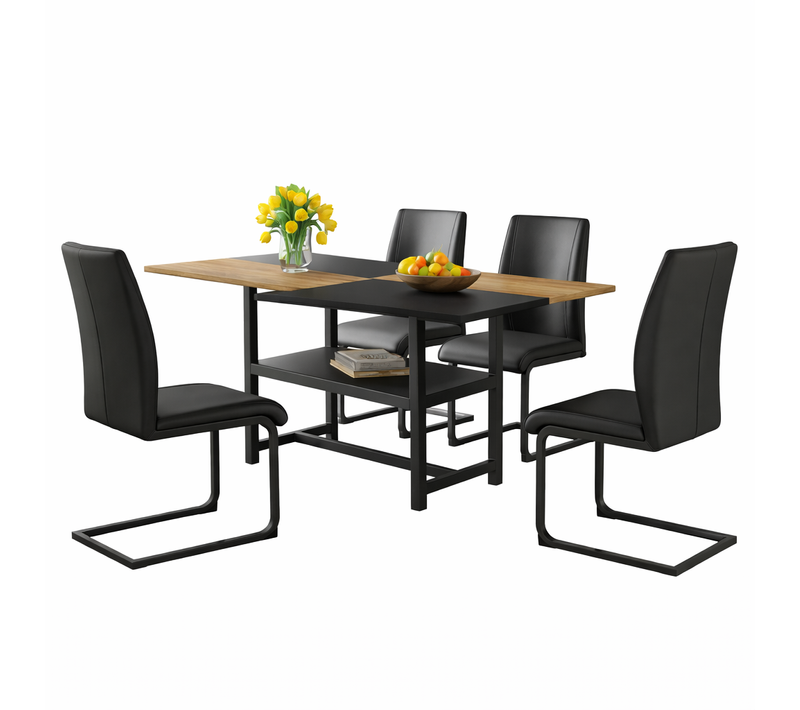 Ensemble Table Et Chaises, Table à Manger 160x90x76cm Avec Pieds Métal Bois Et 4 Chaises En Pu Noir