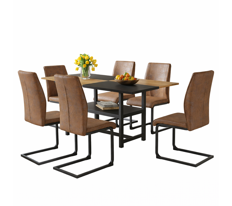 Ensemble Table Et Chaises, Table à Manger 160x90 Cm Avec Pieds Métal Noir Et 6 Chaises En Tissu Brun