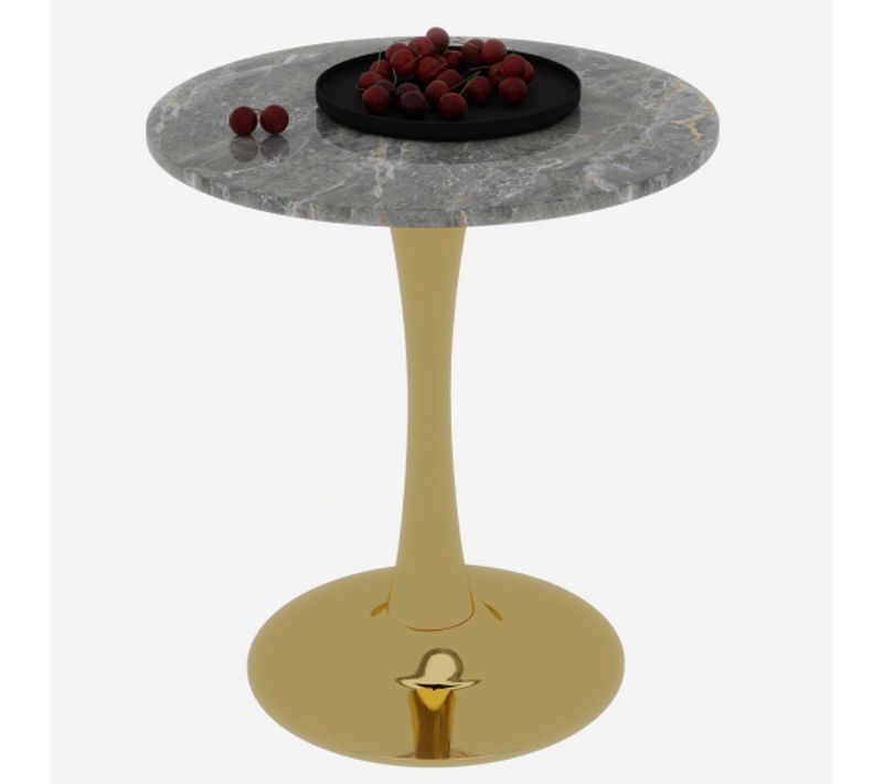 Bout de canapé Ronde En Marbre Artificiel Gris Veiné, Pieds Dorés