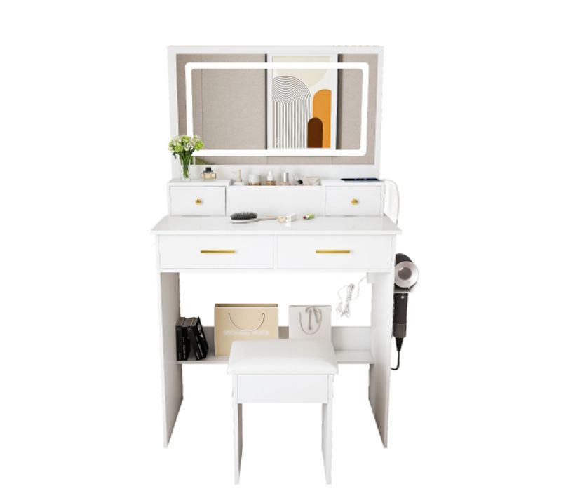 Coiffeuse Avec Miroir XXL 75x48 Cm, Éclairage LED 3 Couleurs Et Tabouret Rembourré, Blanc