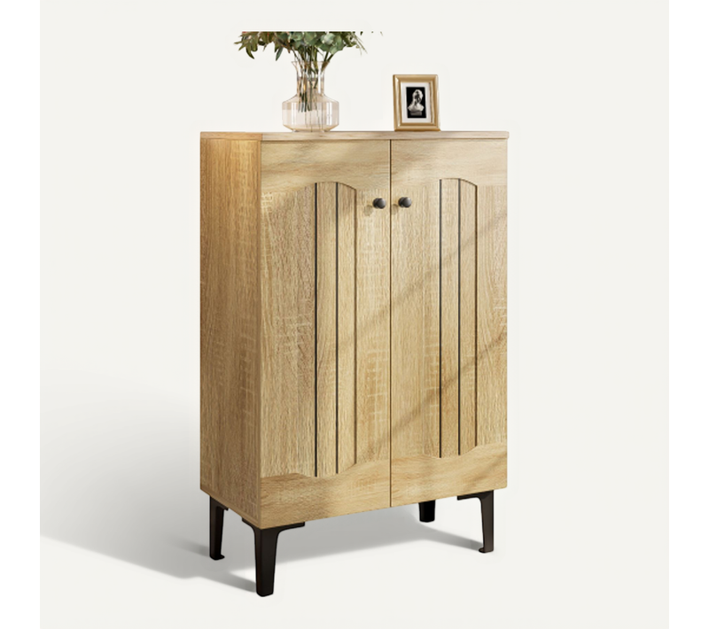 Meuble à Chaussures 2 Portes, Étagères Fixes, Plateau Supérieur, Couleur Bois