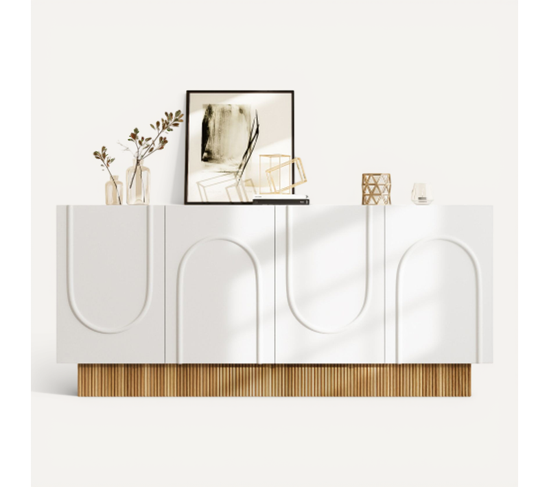 Buffet 4 Portes 160x75x38 Cm, Relief En U, Finition Mate Blanc Et Aspect Bois