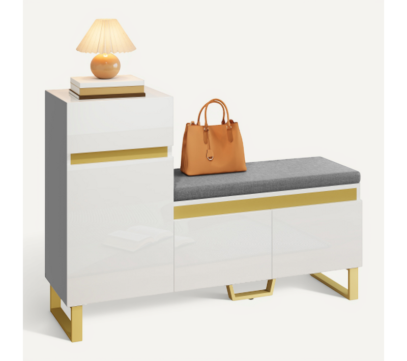 Meuble à Chaussures Blanc Brillant Avec Assise, Portes Et Tiroir