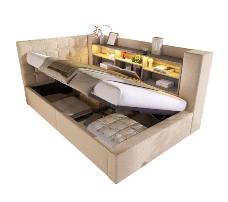 Lit Coffre 90x190 Cm, Tête De Lit De Rangement L Réversible, Avec Sommier à Lattes, En Lin, Beige