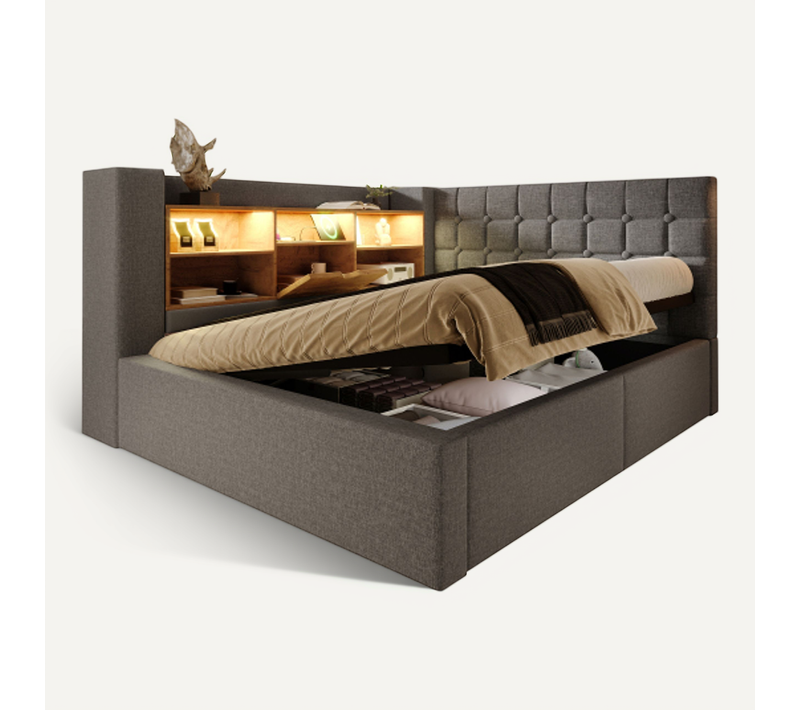 Lit Coffre 140x200 Cm, Tête De Lit De Rangement L Réversible, Avec Sommier à Lattes, En Bois, Gris
