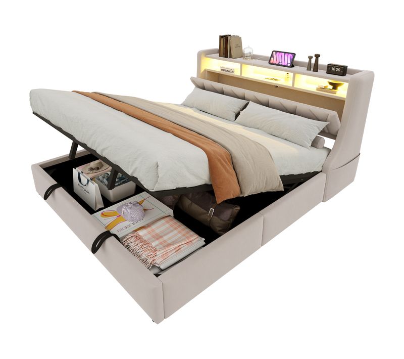 Lit Coffre 180x200 Cm, Tête De Lit Avec LED Et Ports USB Et Type-c, En Tissu, Beige