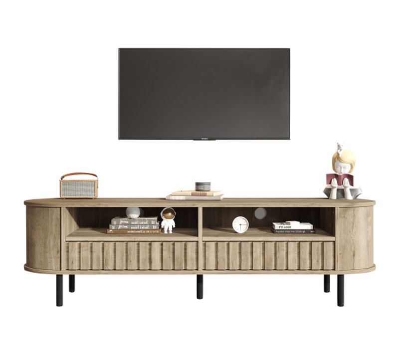 Meuble TV 160 Cm Avec 2 Tiroirs, 2 Étagères Semi-ouvertes Et 1 Plateau, 5 Pieds, Couleur Bois