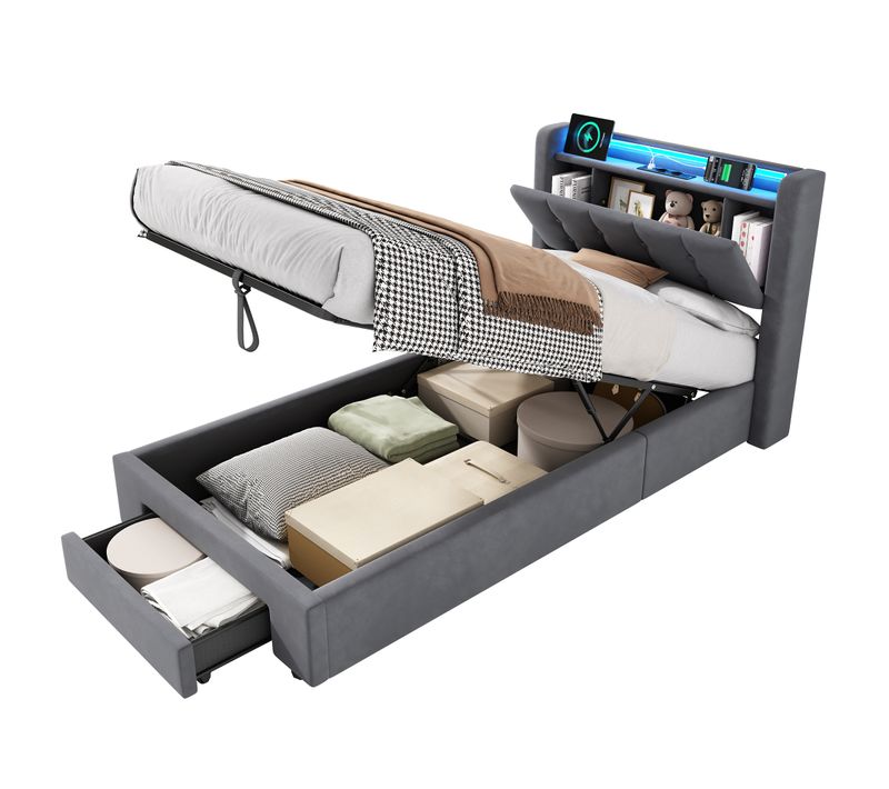 Lit Coffre 90x200 Cm, Lit Avec Tiroir, 2 Prises Électriques Et Ports USB, LED, En Velours Gris Foncé
