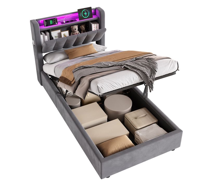 Lit Coffre Enfant 90x200 Cm, Tête De Lit Avec Prises Électriques Et USB, LED, En Velours Gris Foncé