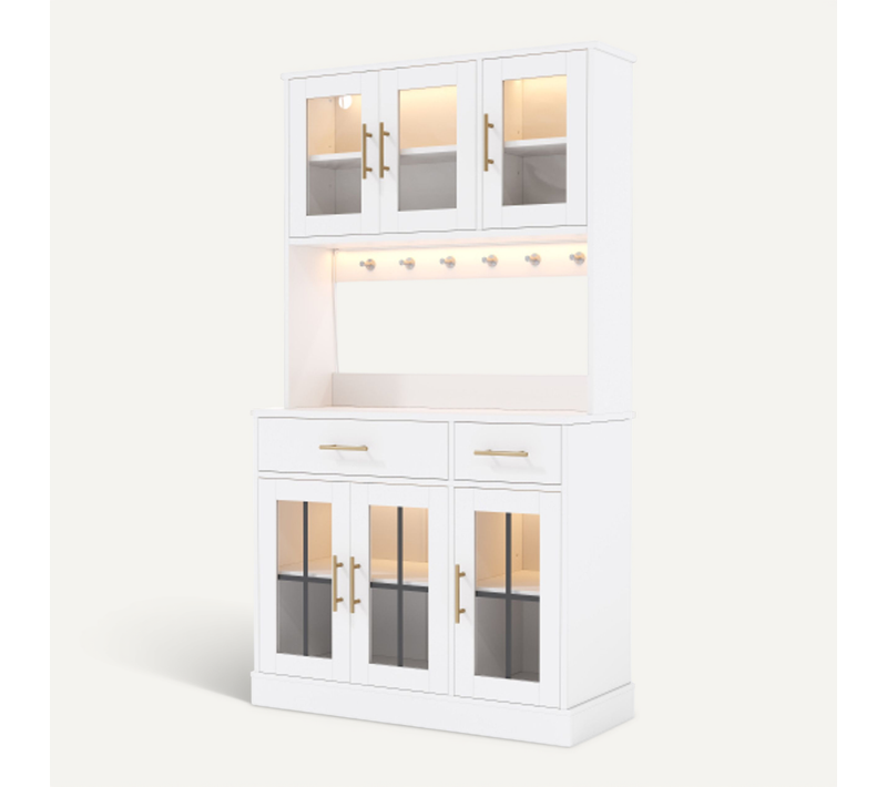 Buffet De Cuisine, Buffet Haut Blanc Avec LED Et 6 Portes, 2 Tiroirs