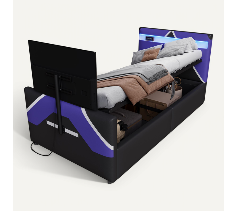 Lit Coffre Enfant 90x200 Cm, Lit Avec Rangement Hydraulique, Avec LED Et Support TV, En Tissu, Noir