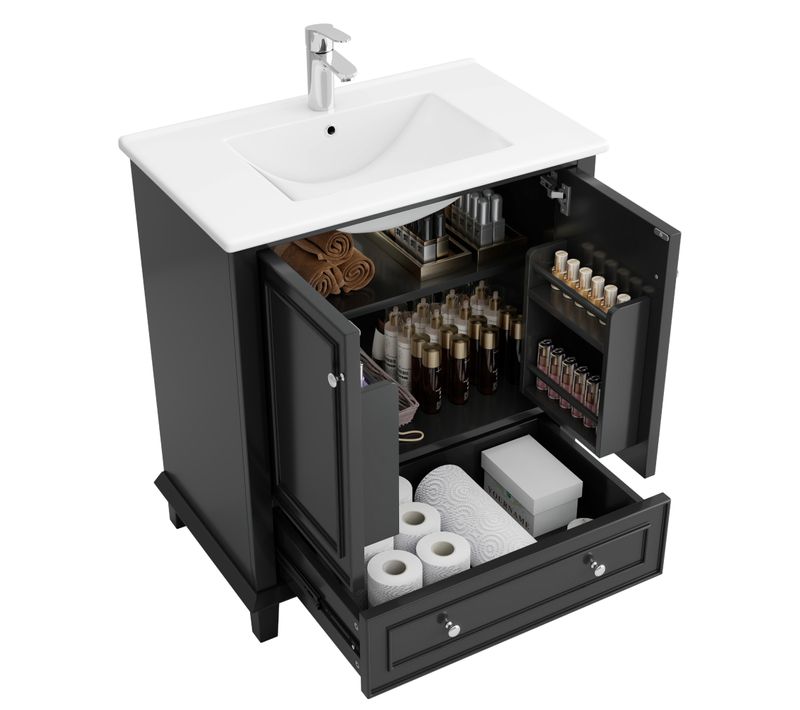 Meuble Vasque 73 Cm Blanc Et Noir En Mdf Avec Vasque En Céramique