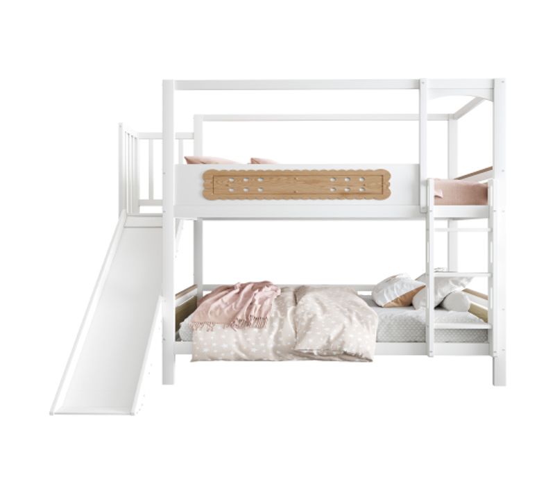 Lit Superposé Enfant 90x200 Cm Avec Toboggan Et Échelle Large, En Bois, Blanc Et Naturel