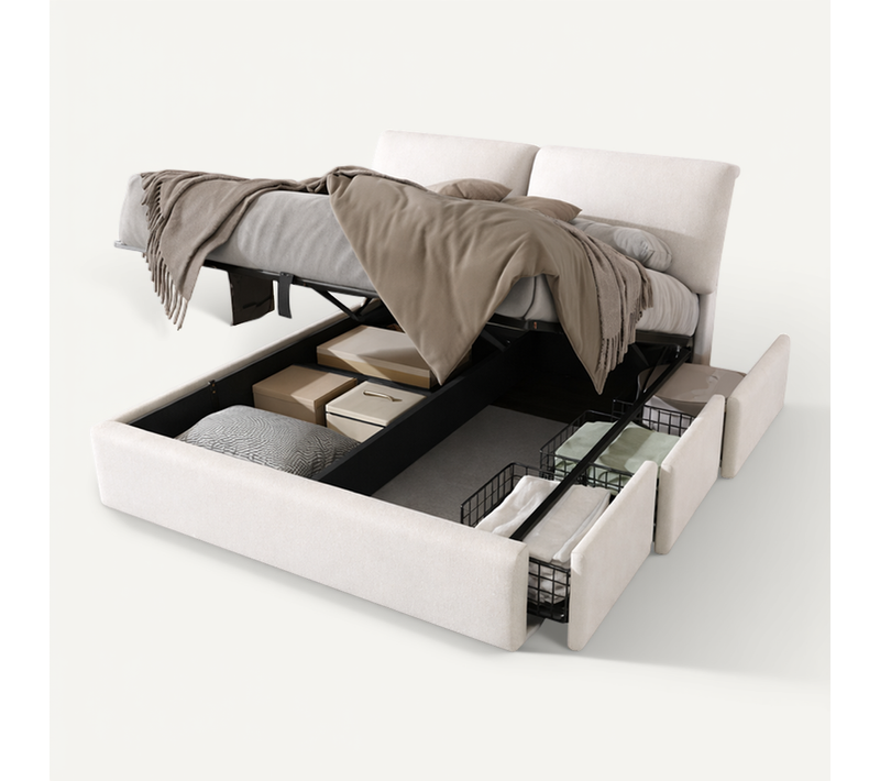 Lit Coffre 140x190 Cm, Lit Avec Rangement, 3 Tiroirs Et Tête De Lit, En Velours Beige