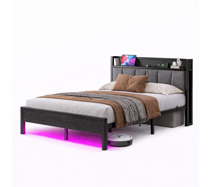 Lit Adulte 140x190 Cm Avec LED Et Tête De Lit De Rangement, En Métal, Noir