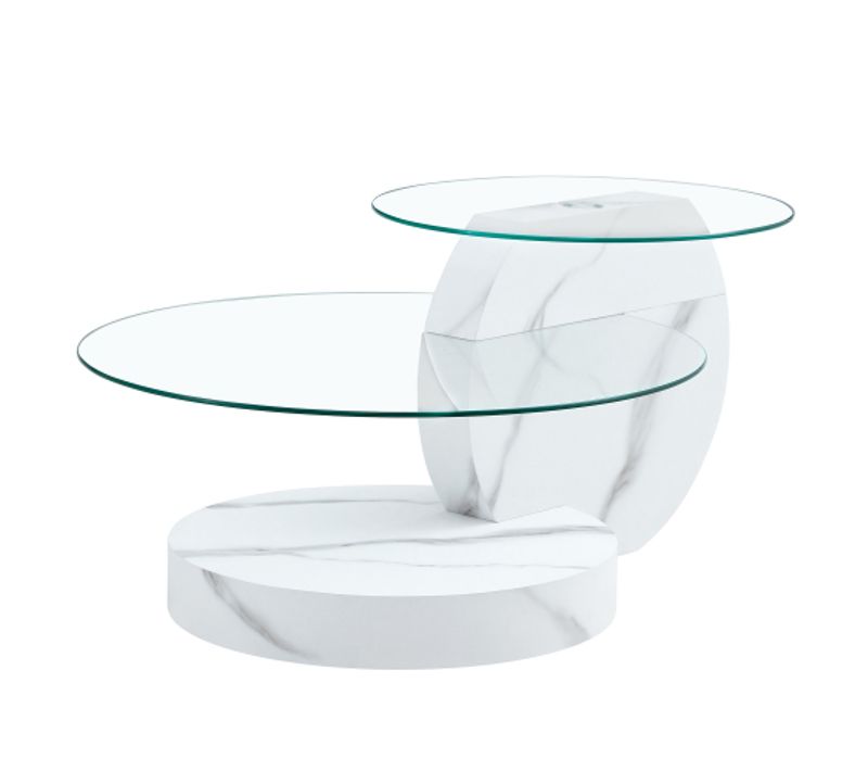 Table Basse Ronde Blanche, Verre Transparent, 2 Niveaux