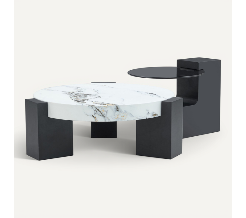 Table Basse Gigogne Ronde 2 Niveaux, Plateau Effet Marbre Blanc, Mdf Noir Et Verre Gris